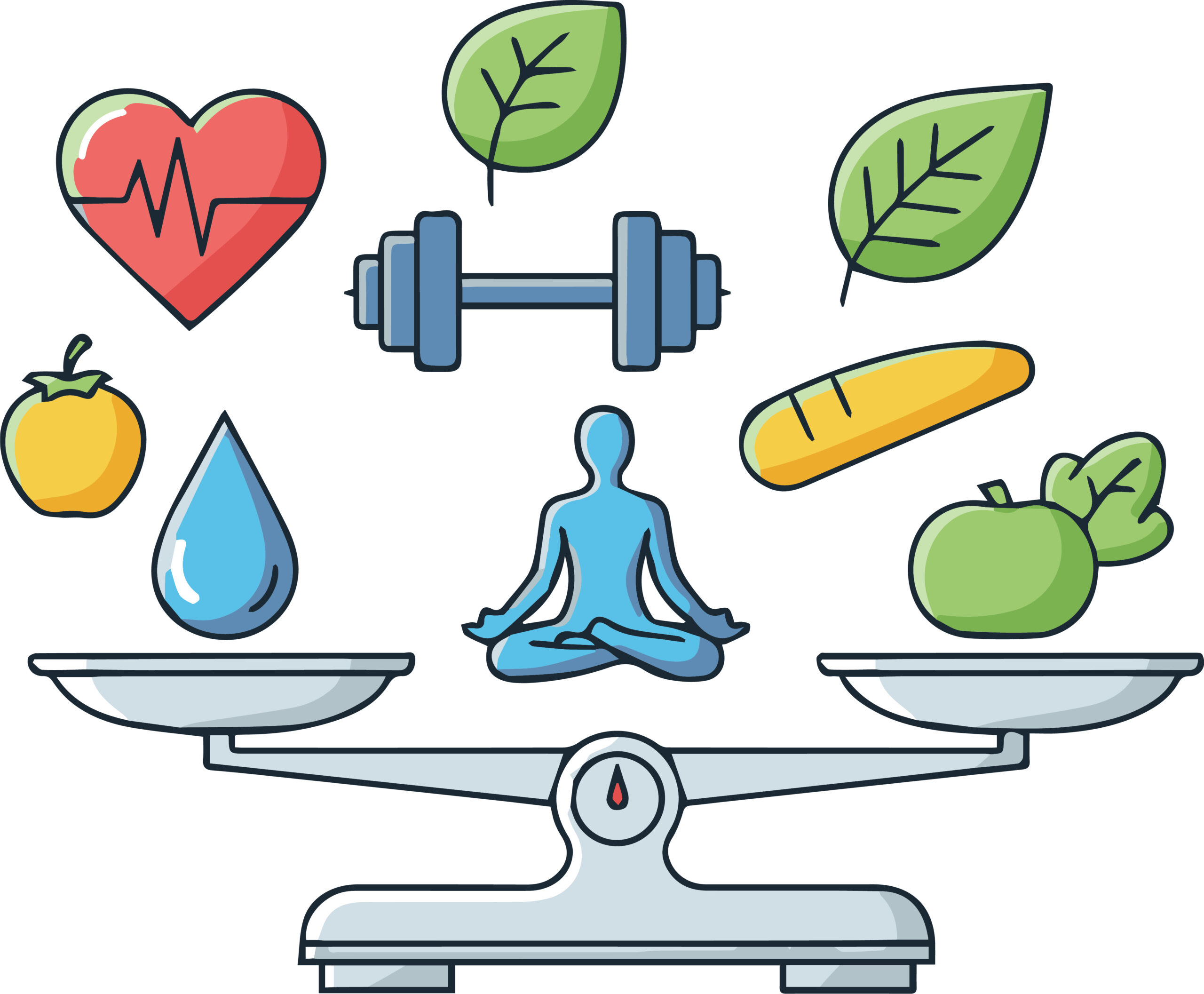 Achieving balance in life through healthy habits and wellness practices is depicted in this illustration of a person meditating on a scale surrounded by fitness and nutrition elements Achieving balance in life through healthy habits and wellness practices is depicted in this illustration of a person meditating on a scale surrounded by fitness and nutrition elements.